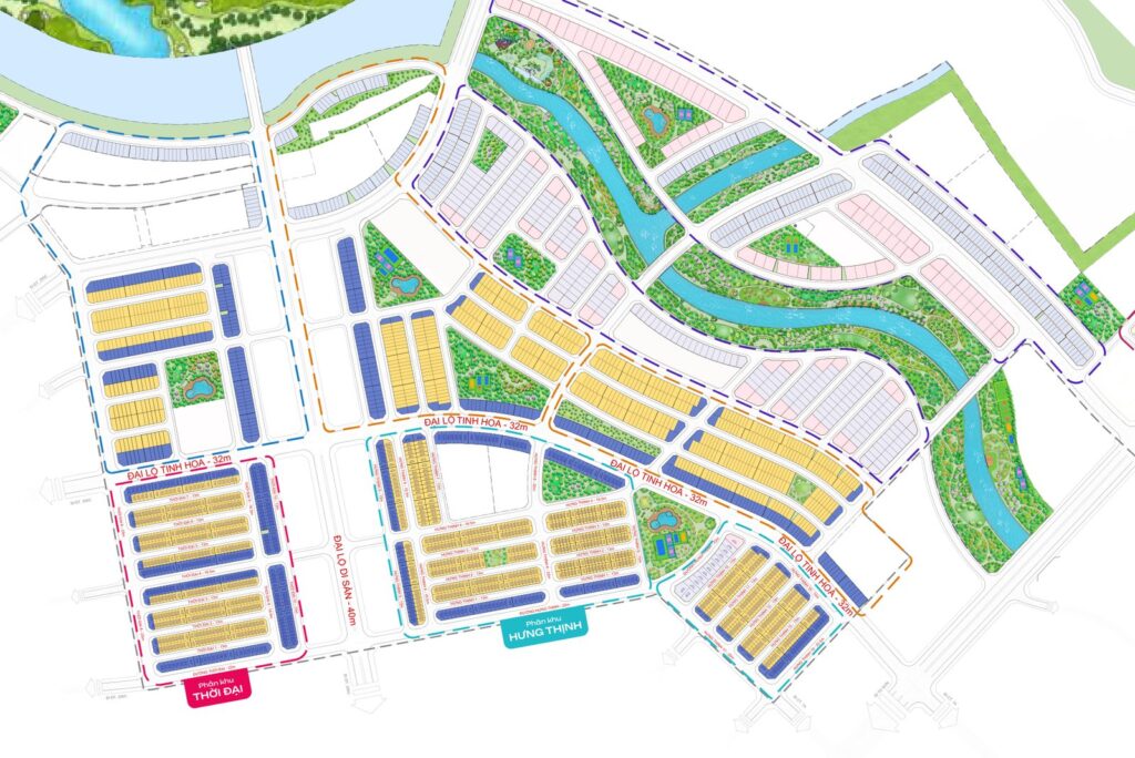 Phóng to hai phân khu Thời Đại và Hưng Thịnh trên tổng mặt bằng Vinhomes King Park
